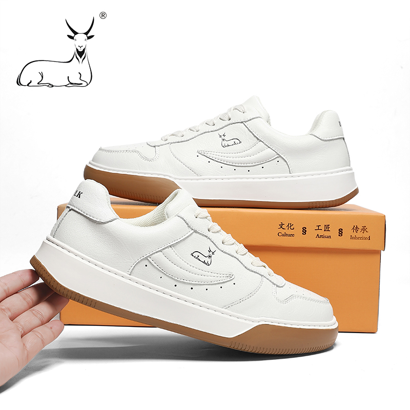 公羊联盟男鞋头层牛皮春季板鞋运动休闲小白鞋德训透气真皮鞋子男