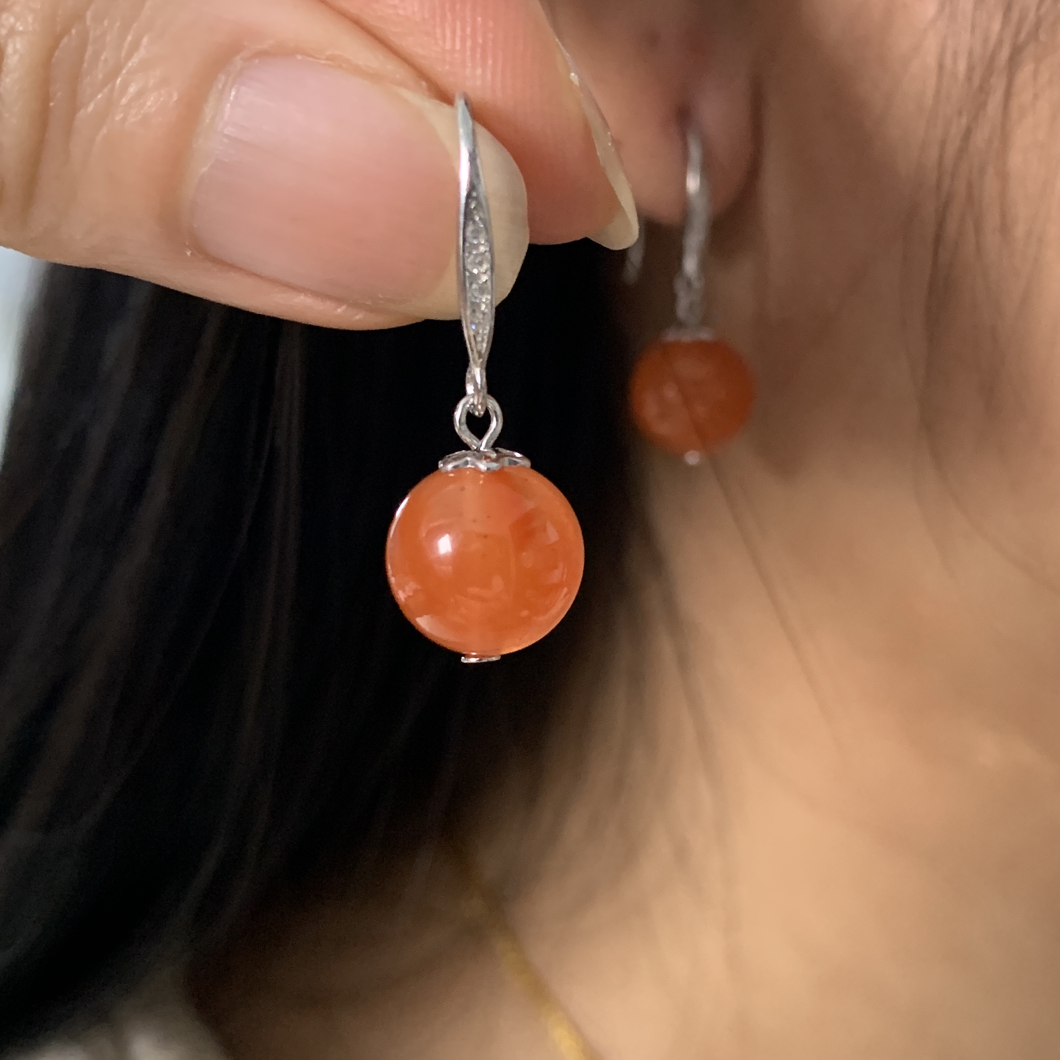 天然南红樱桃红卡10～11mm耳饰S925银镶嵌复古气质个性百搭耳饰