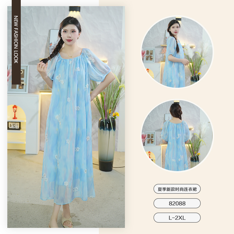 夏季新品时尚雪纺刺绣短袖连衣裙-82088