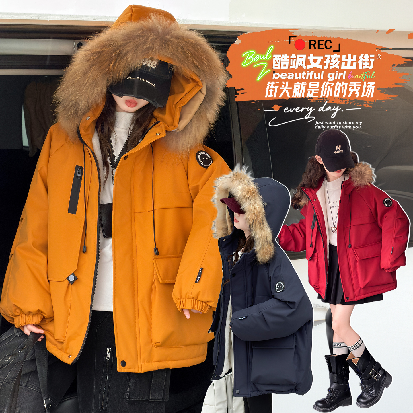 女童加厚毛领派克服2025新款儿童冬季保暖连帽棉衣外套加绒棉服潮
