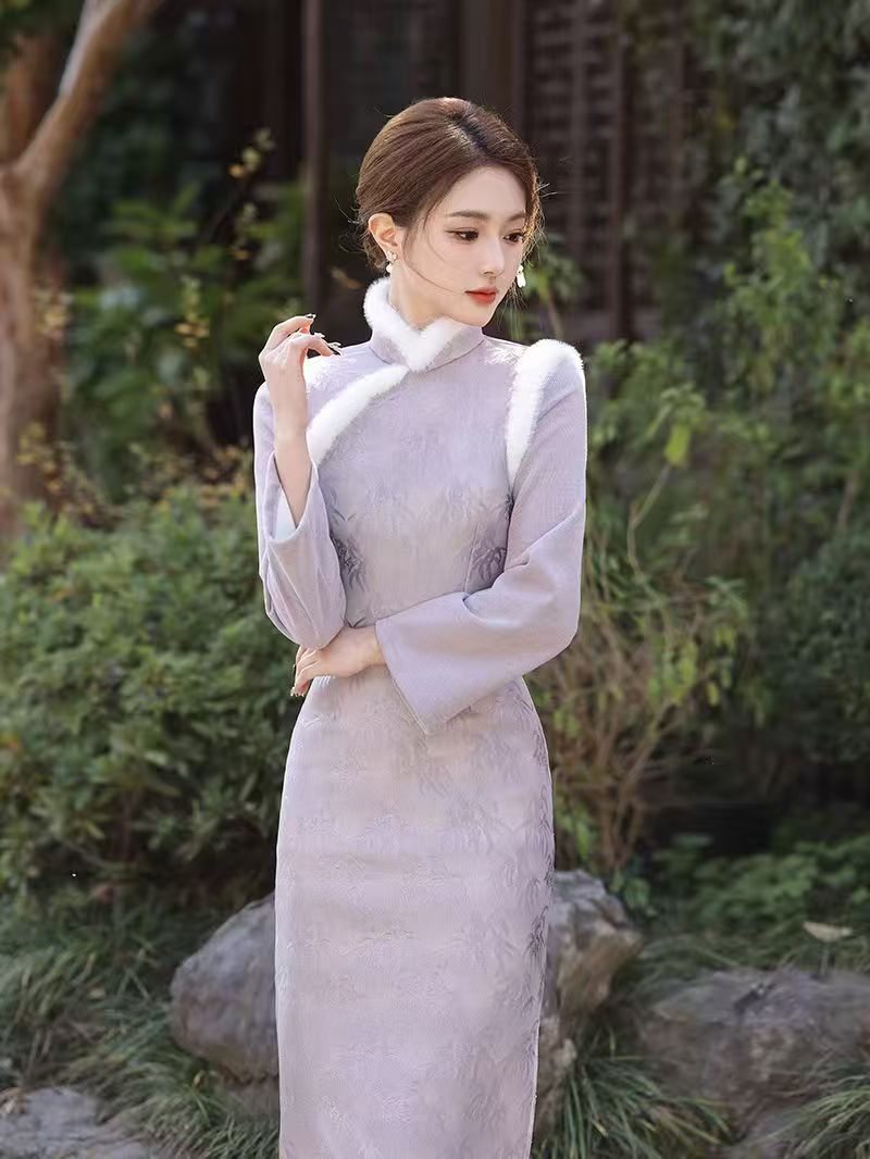 【为伊-紫丁香】2025冬季新款气质中国风保暖显瘦紫色加绒旗袍少女