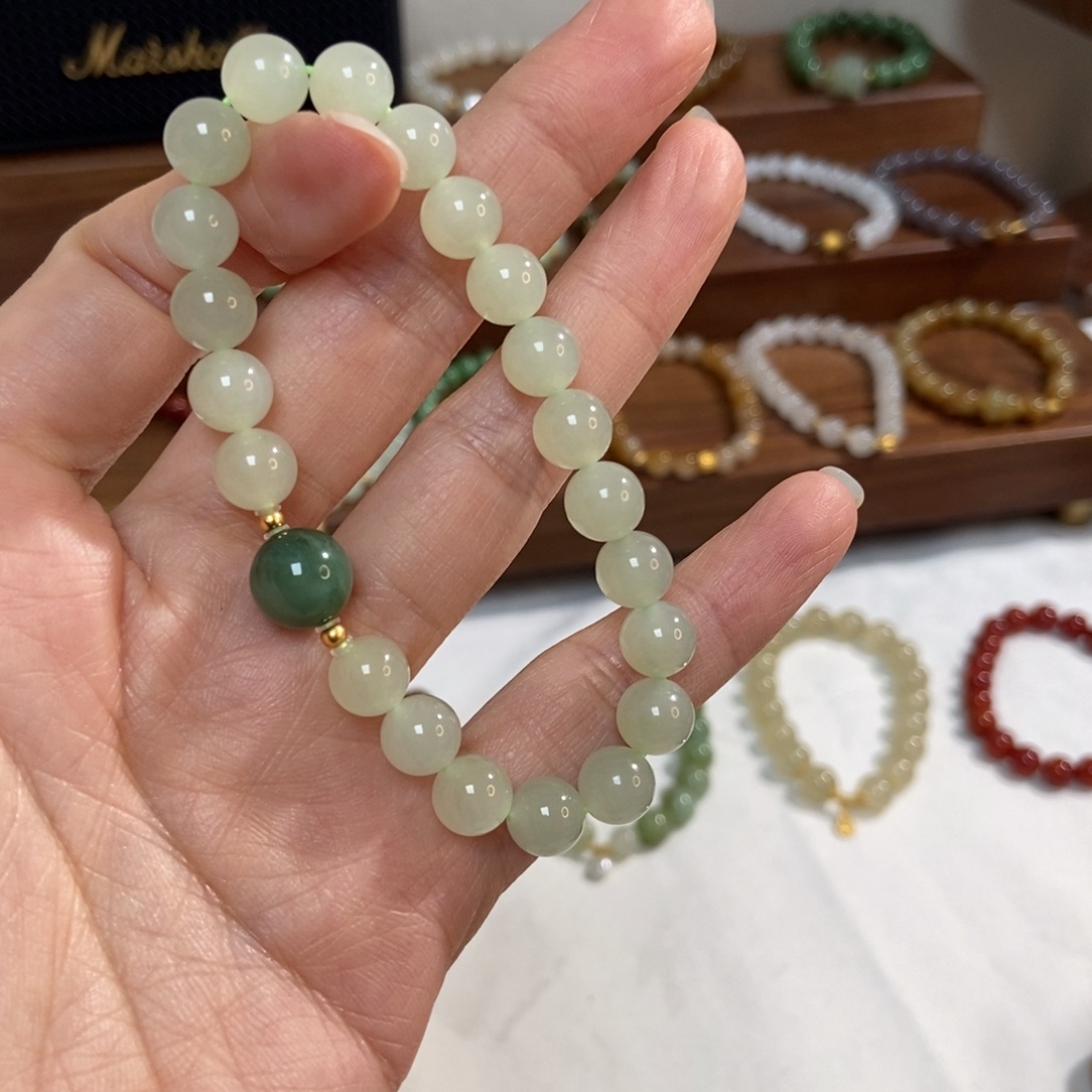 和田玉银S925镶嵌手链福利8mm晴水