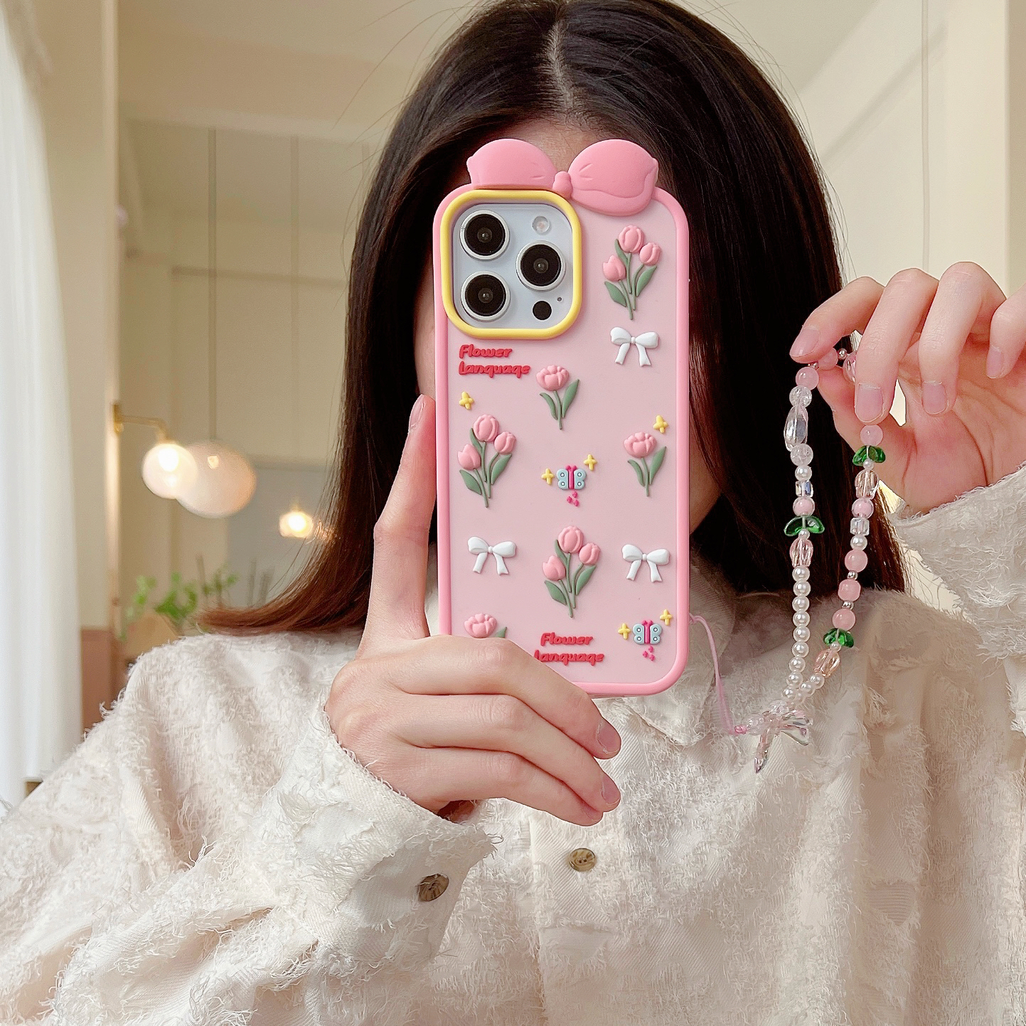 【适用苹果】女款碎花蝴蝶结郁金香可爱iPhone16立体卡通硅胶手机壳