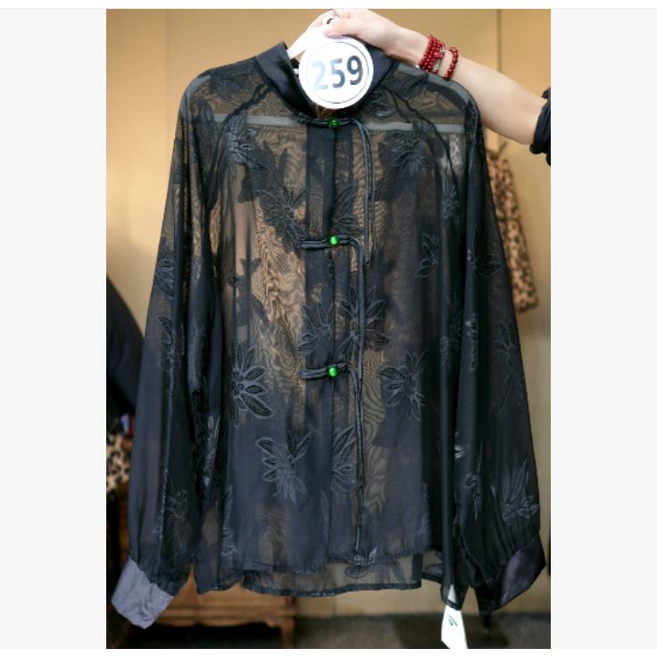 259-黑色新中式刺绣立领国风衬衫