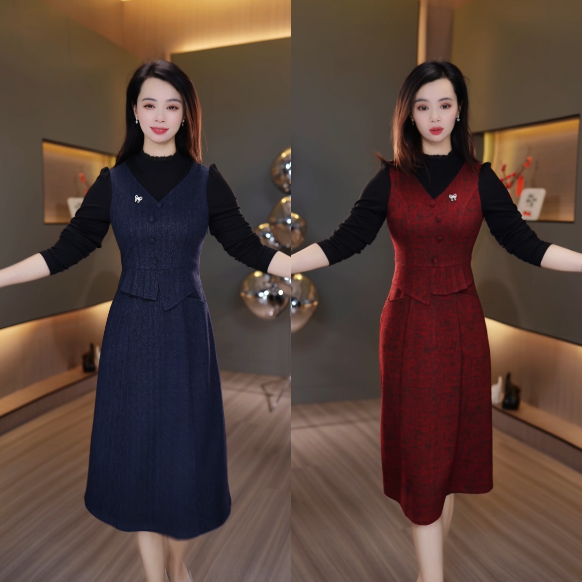 【秋冬福利】L915藏蓝酒红连衣裙秋冬新款磨毛加厚裙子显瘦L-5XL