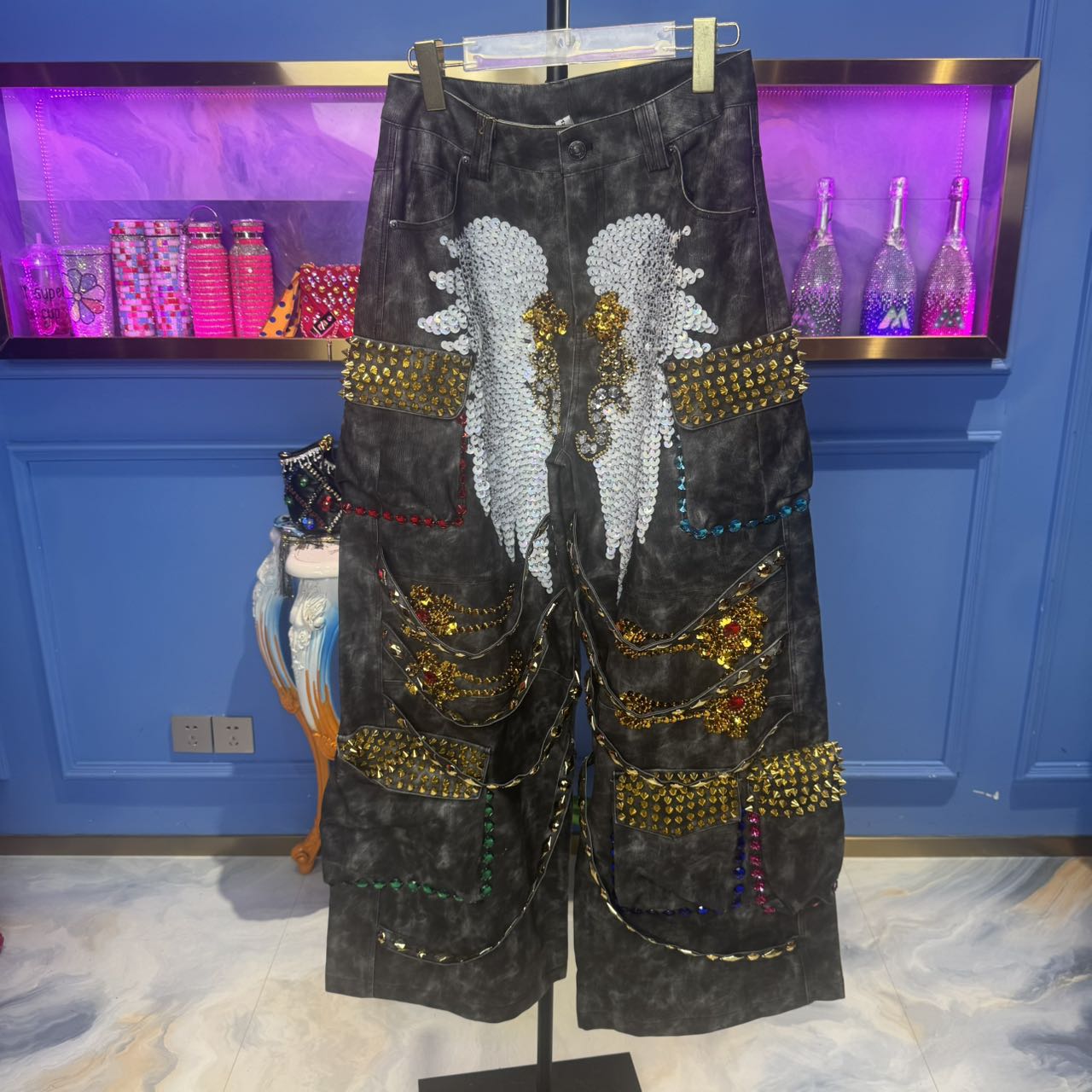 A81244 设计师连卡佛亮片刺绣时尚女鞋气质减龄PU面料休闲裤