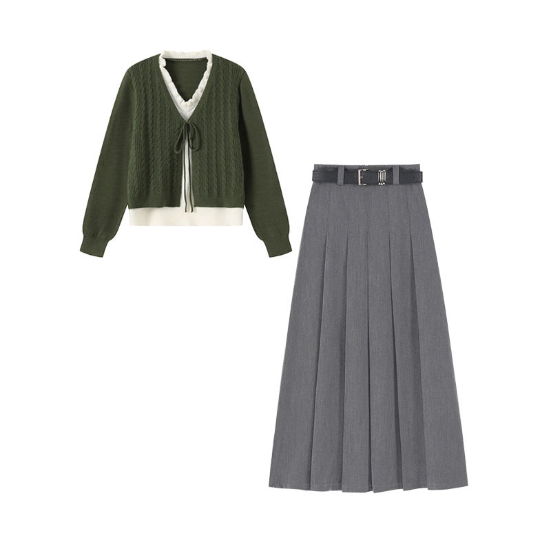 秋冬穿搭一整套女新款设计感假两件毛衣休闲百褶长裙两件套装2778