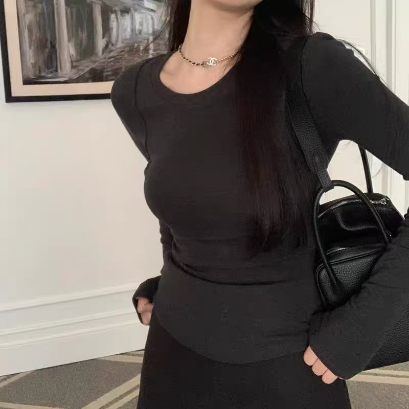 女磨毛软糯保暖打底衫内搭小众长袖修身百搭T恤女-25161