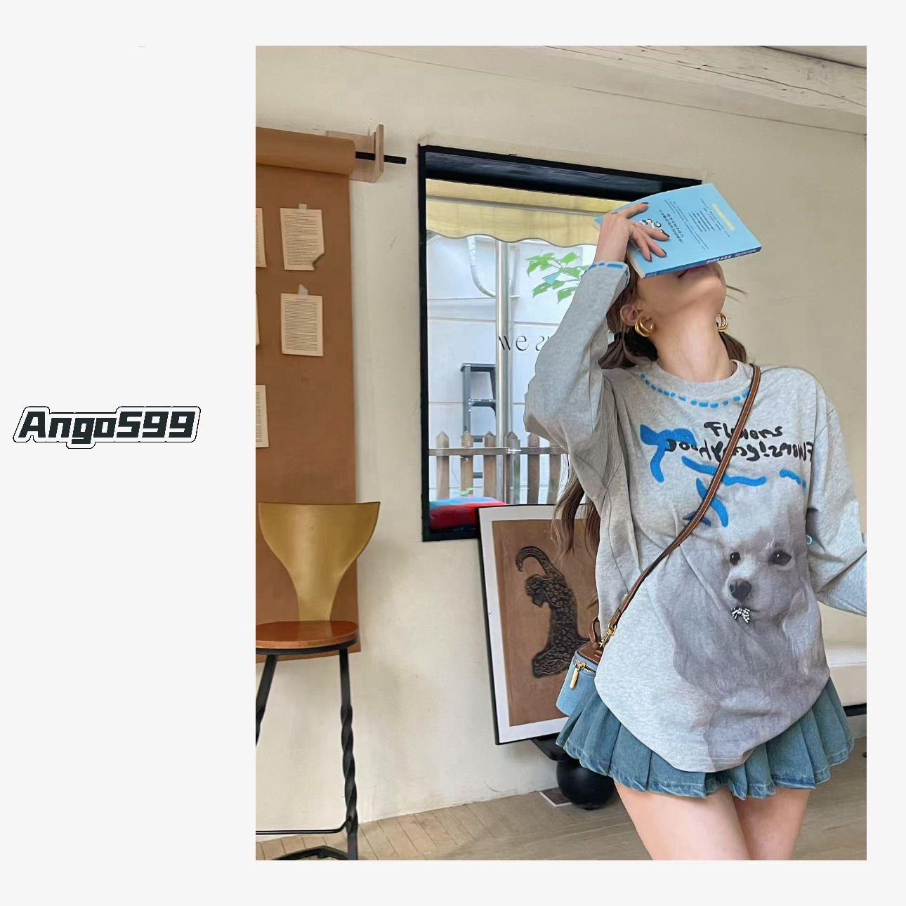 贵宾犬*小众设计师款蓝色点缀刺绣可爱狗狗秋季休闲宽松长袖T恤