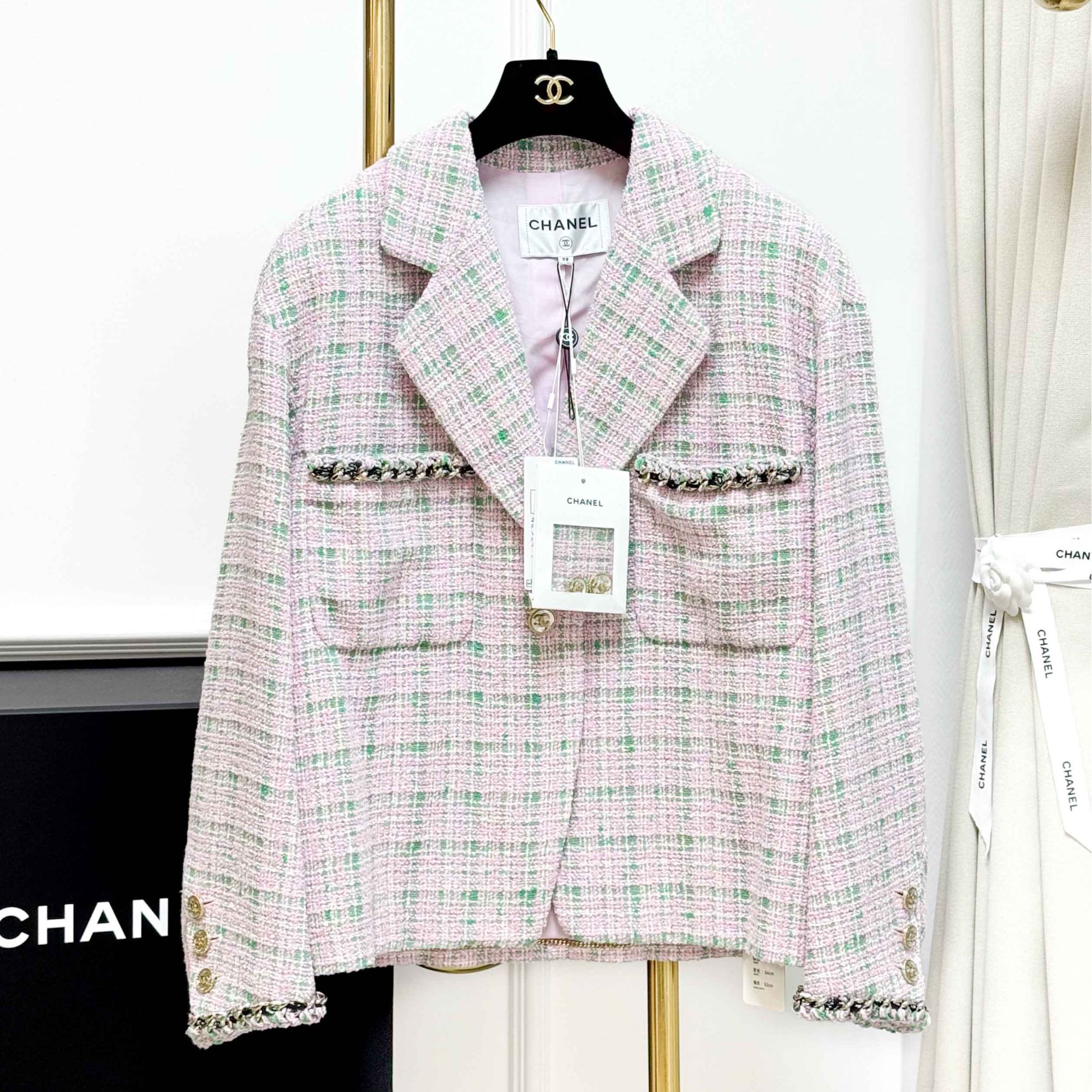 99新 Chanel/香奈儿 38码21S春夏粉绿格纹廓形外套