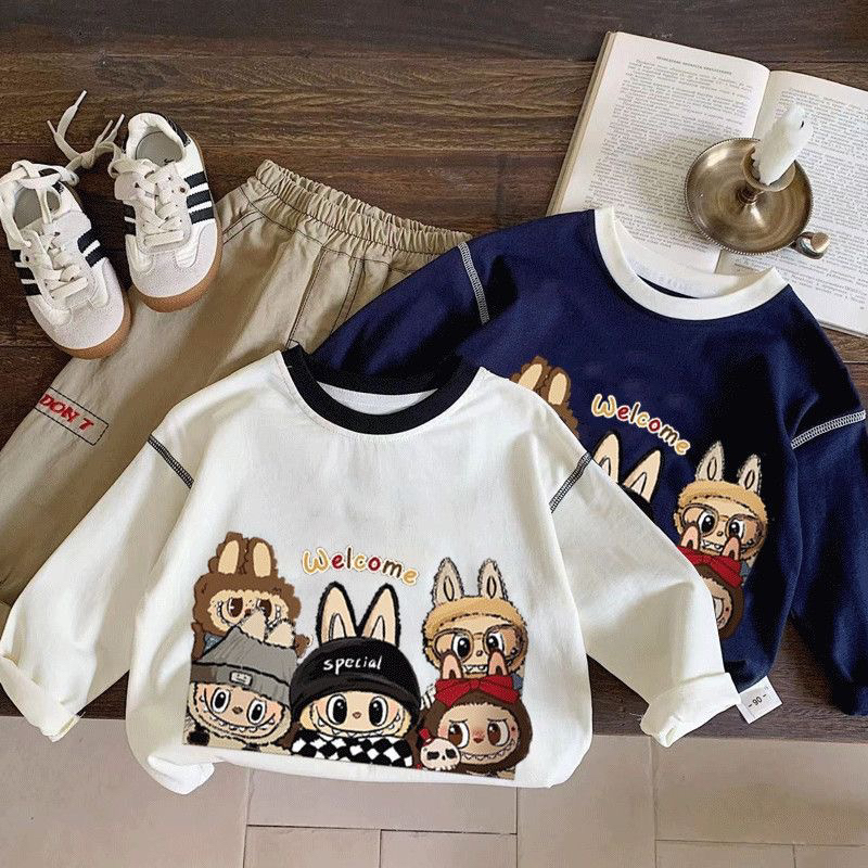 帅气新款韩系卡通拉布长袖印花T恤纯棉春秋圆领t儿童打底衫上衣