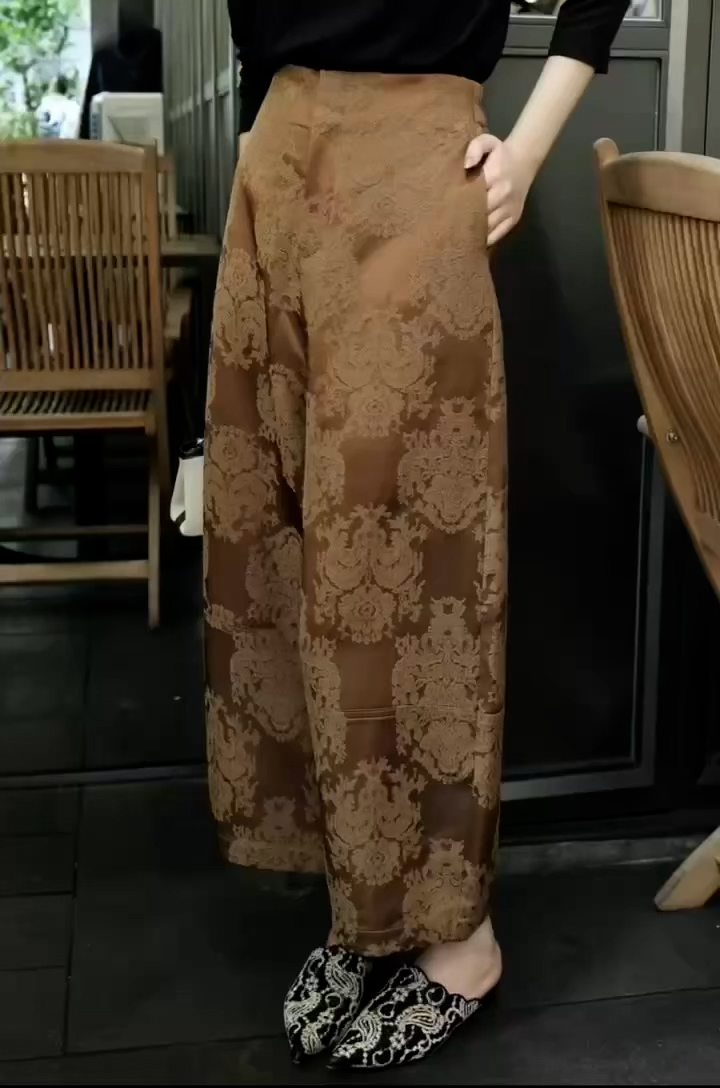 欧货新中式国风重工提花阔腿裤女2025春夏新款高腰显瘦直筒哈伦裤