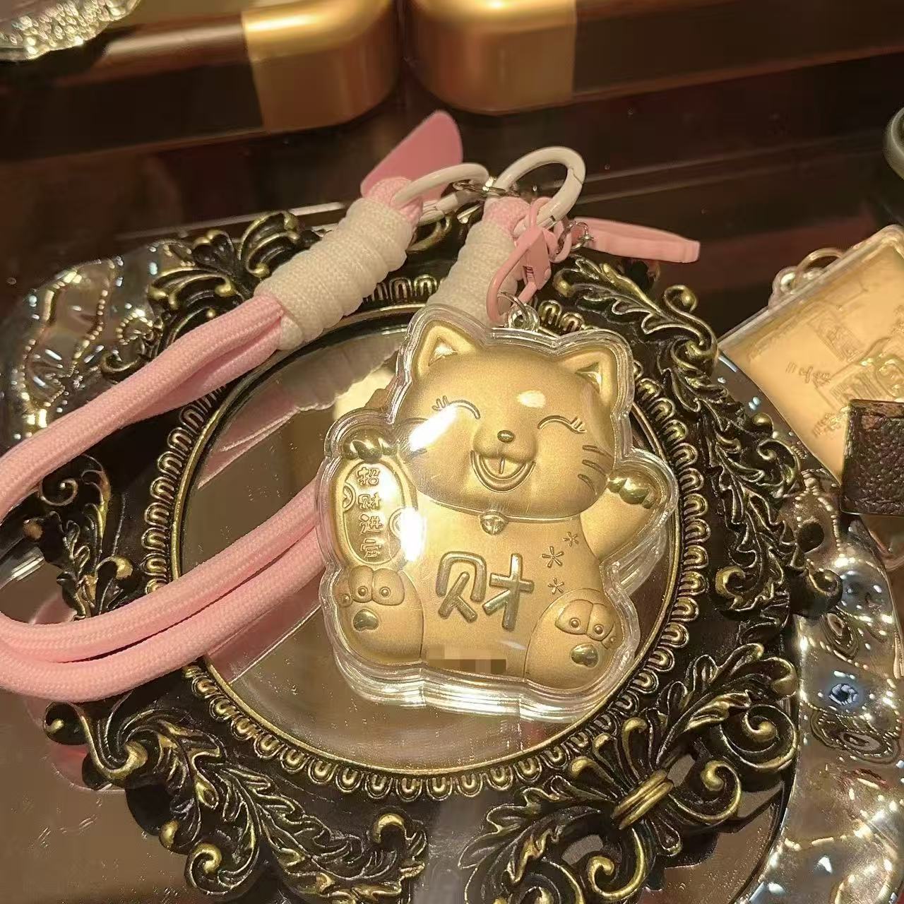 含金工艺品【招财进宝猫】手机包包挂件钥匙扣