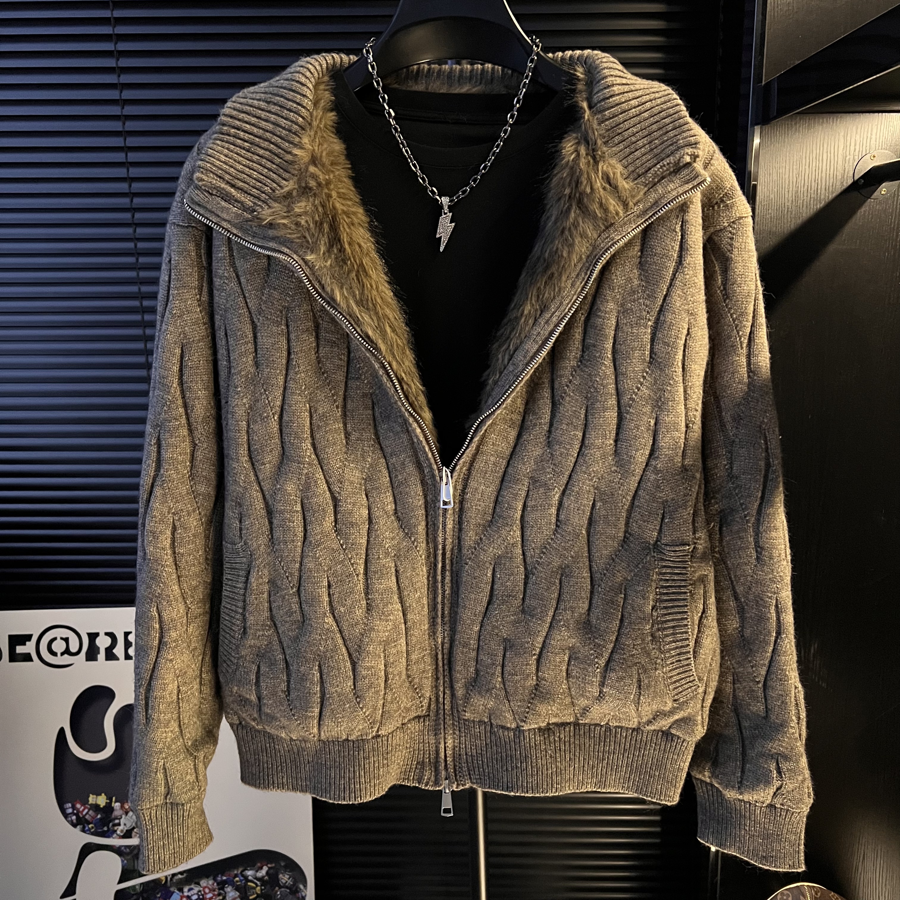 FF-立领棕色加绒潮流保暖夹克男士上衣潮流爆款