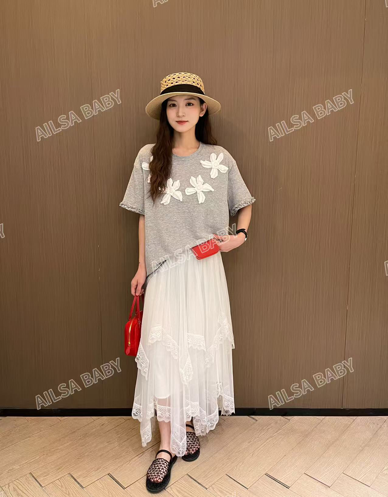 【AILSA BABY】（清仓）欧货花边袖立体花朵T恤/51901A