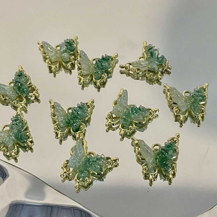 (洁雨饰品 DIY)  P500 金绿色蝶梦双蝴蝶挂坠diy