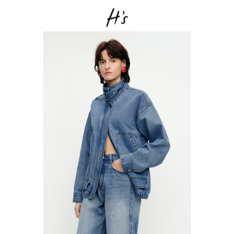 【秋上新】H'S棉质牛仔短外套女25秋oversize廓形双头拉链夹克上衣