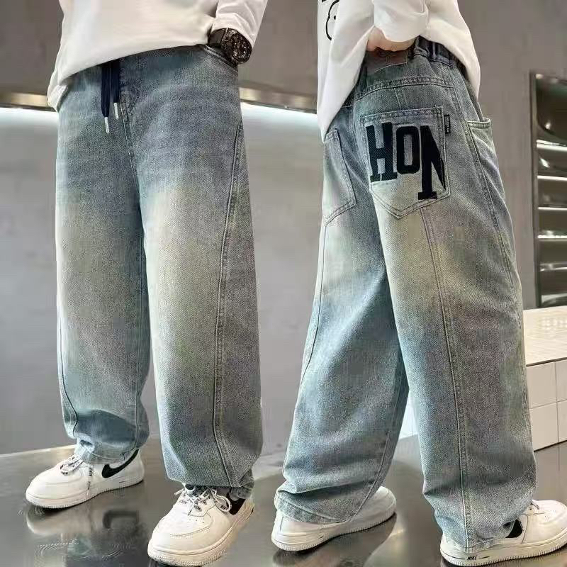 200748 童装男童加绒牛仔裤2025秋季宝宝韩版潮酷加绒宽松牛仔裤