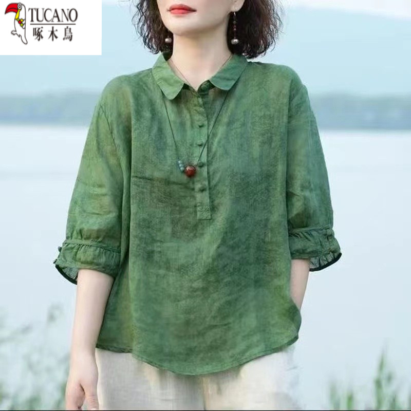 啄木鸟夏季苎麻Polo领上衣衬衫女套头百搭时尚宽松版型五分袖衬衣