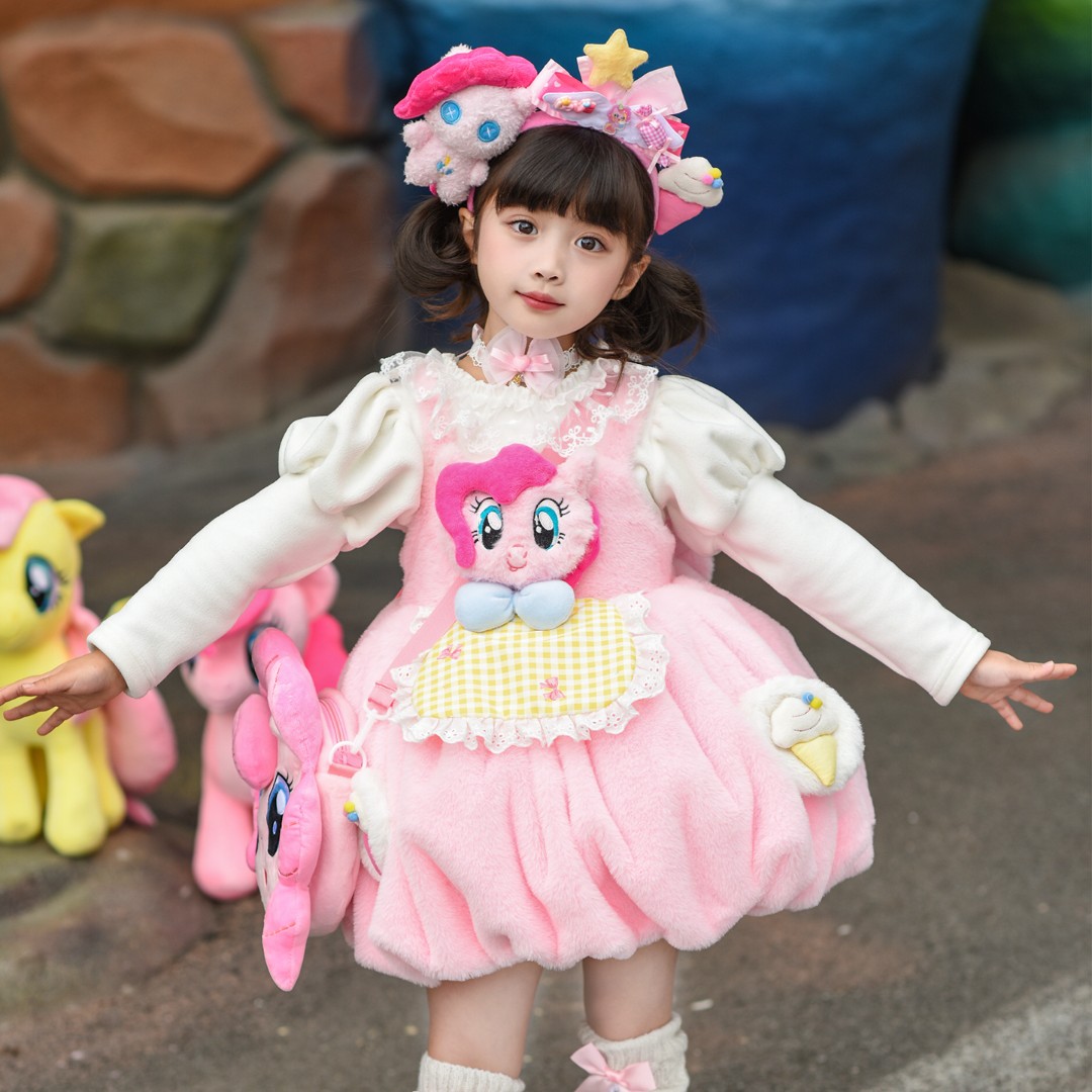 儿童秋冬季加绒卡通款连衣裙小马宝莉女童毛绒花苞背心裙生日礼服