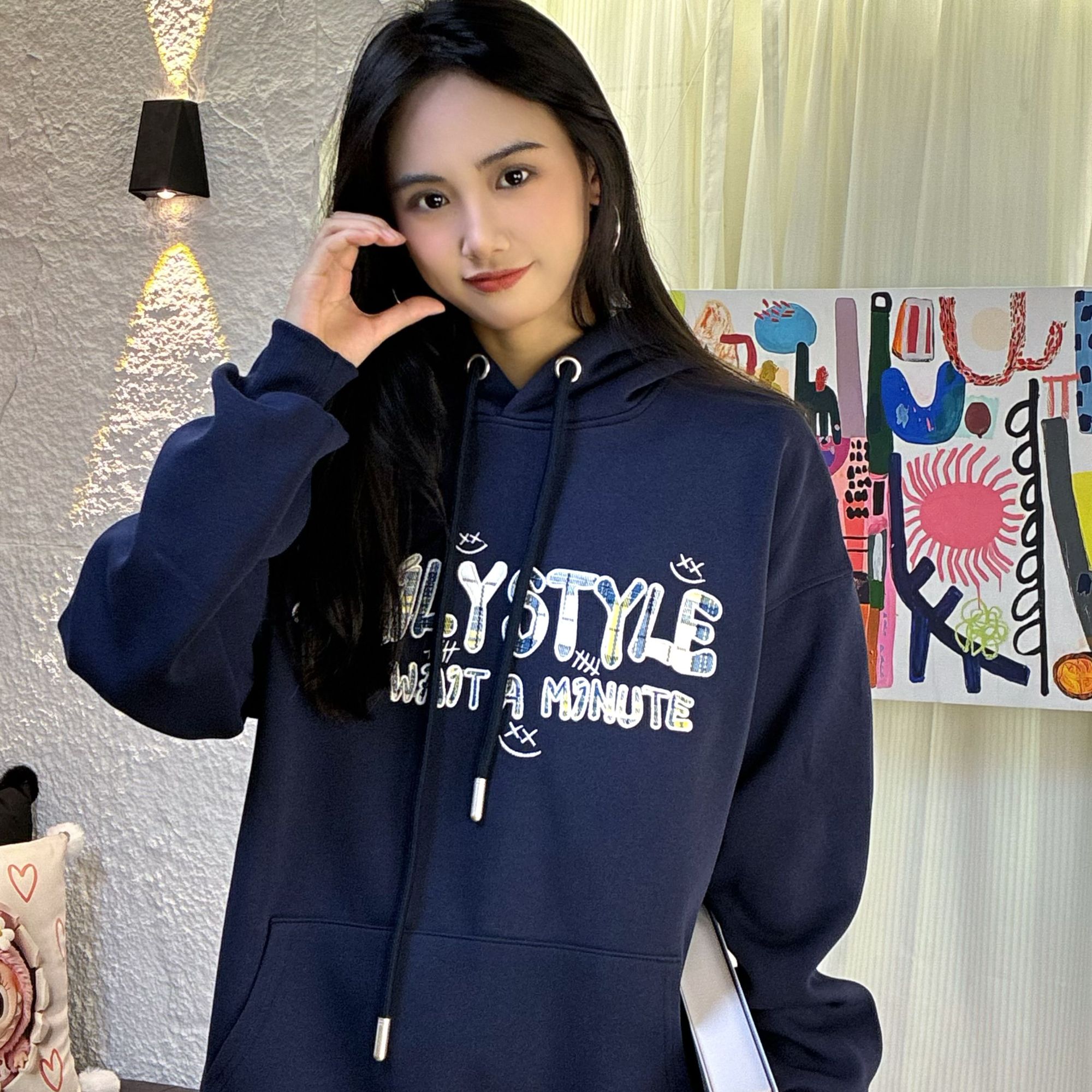 2025宽松刺绣设计感连帽卫衣秋冬oversize重工秋季韩版长袖秋冬