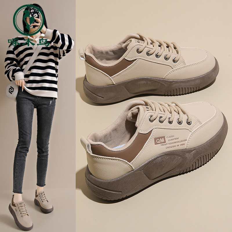 【正品】啄木鸟小白鞋新款学生韩版ins潮鞋百搭厚底乐福休闲鞋