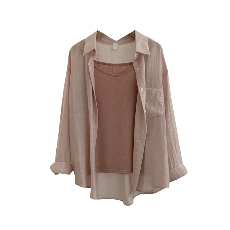 欧玛莱 2024春夏季薄款翻领长袖纯色宽松衬衫+吊带两件套上衣