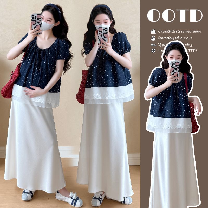 【晚媛若】2025夏季新款孕妇韩系波点拼接短袖上衣托腹绸缎半裙套装