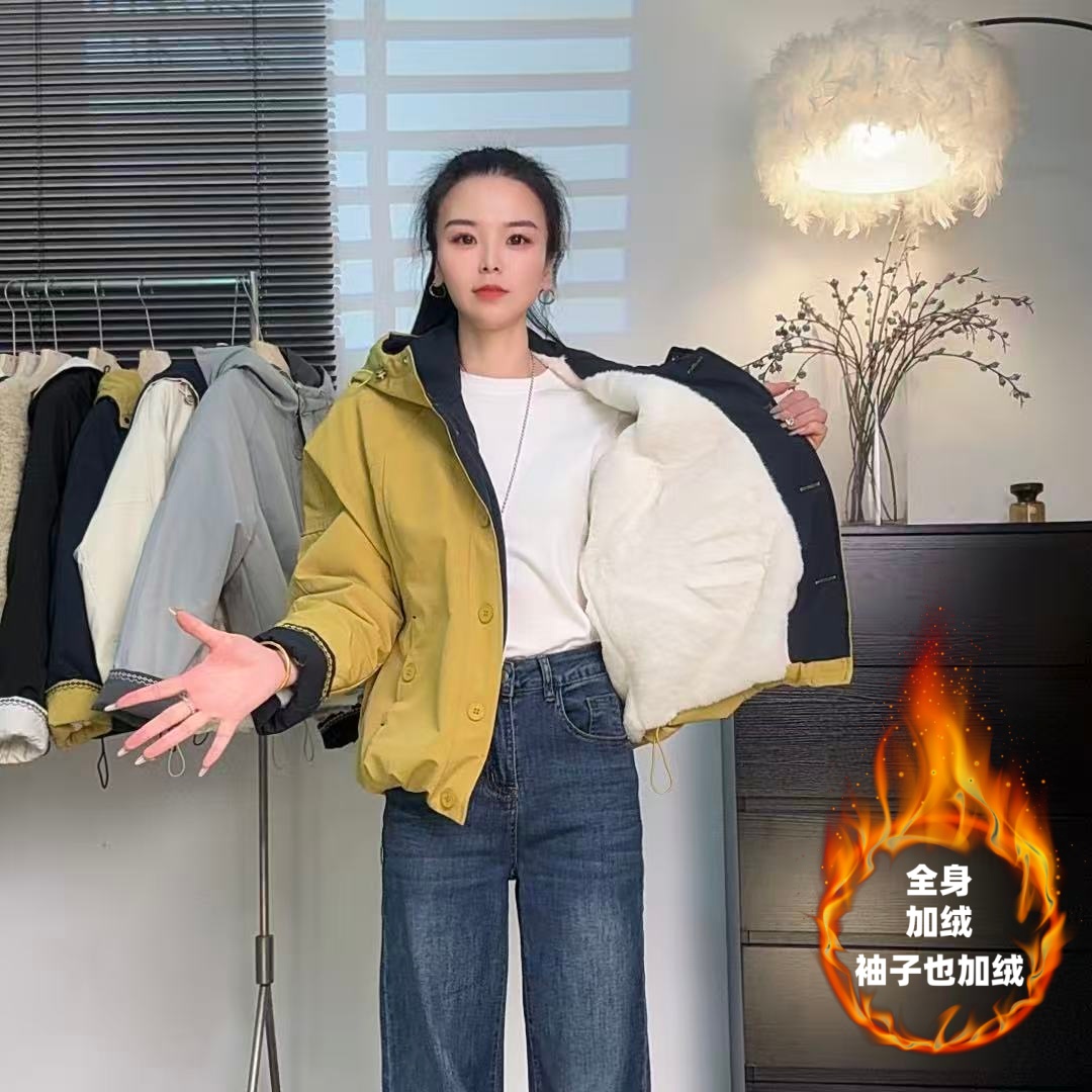【全身加绒】原版拼色高级韩系连帽加绒加厚显瘦外套25122