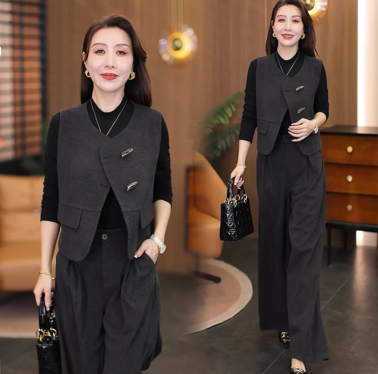 时尚套装女士2025春秋新款小香风马甲打底衫阔腿裤洋气职业三件套