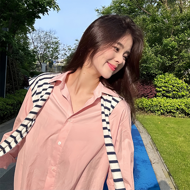 早秋新款独特漂亮粉色衬衫女外穿长袖纯棉衬衣轻奢高级感甜美上衣