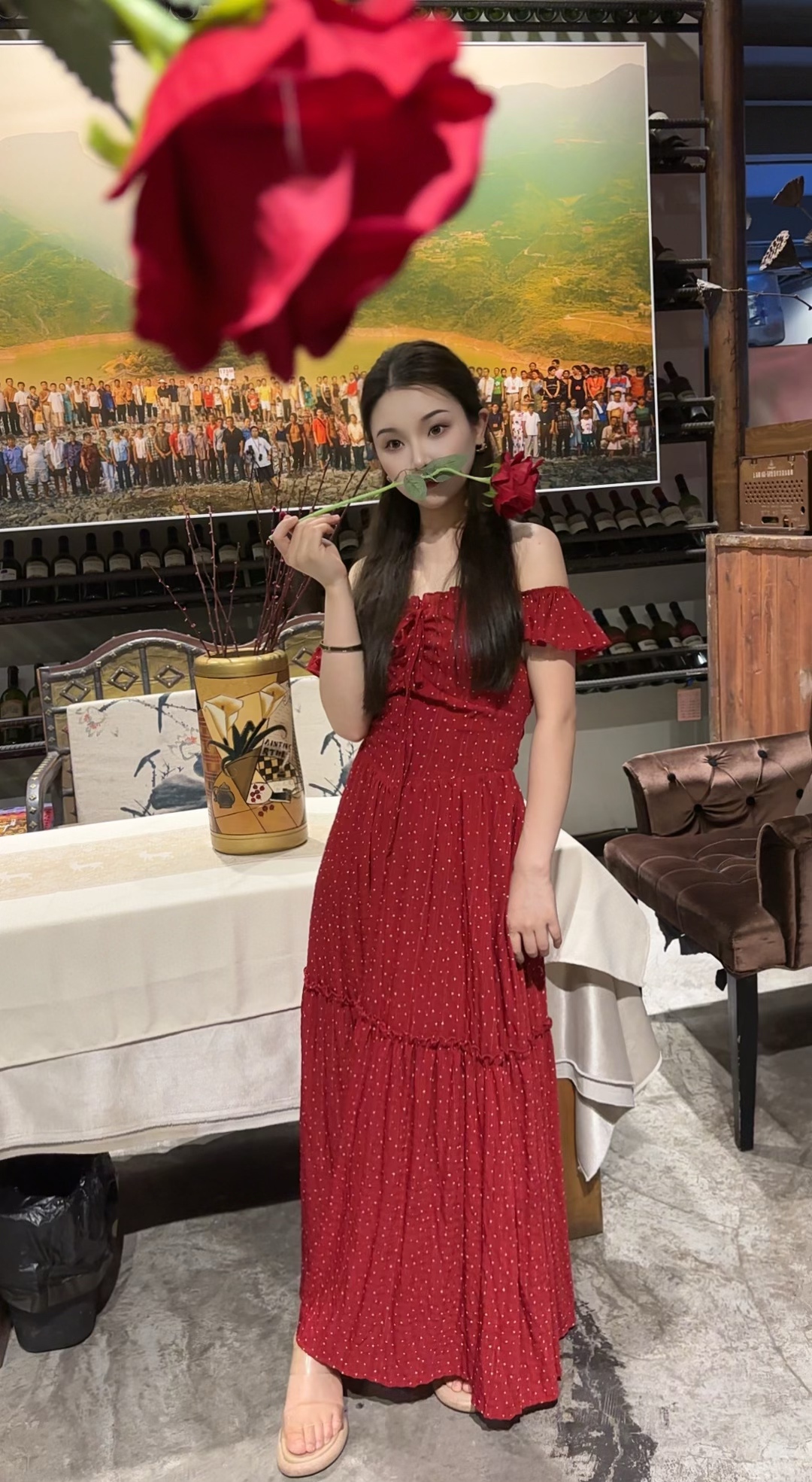 不褪色套头设计感夏季森女连衣裙高腰红色女装显瘦