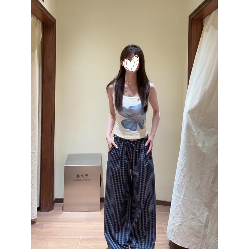 美式辣妹设计感印花吊带背心夏季新款修身显瘦上衣休闲格子裤套装