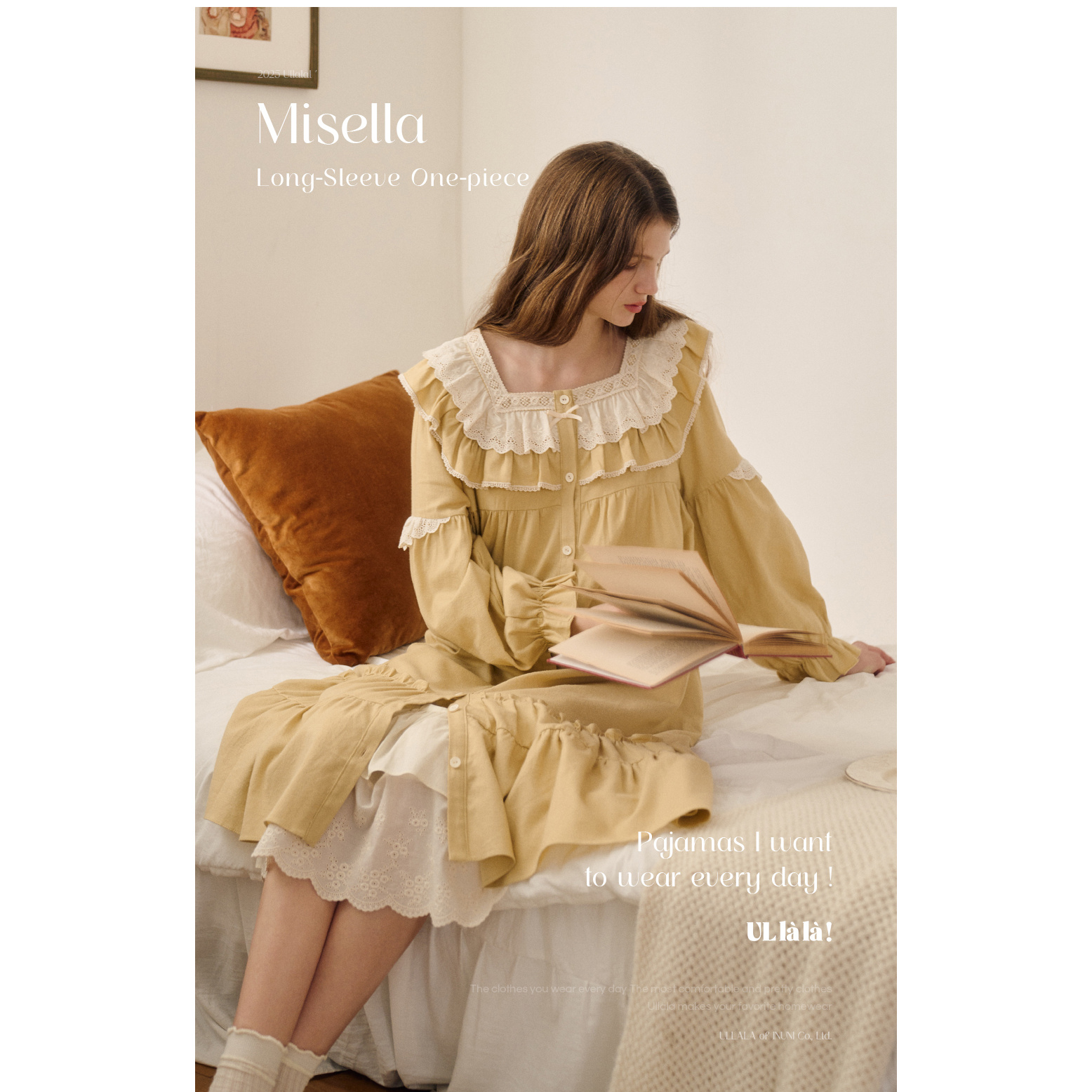 Ullala乌拉拉韩国进口纯棉方领睡裙女秋冬家居服长裙轻磨毛
