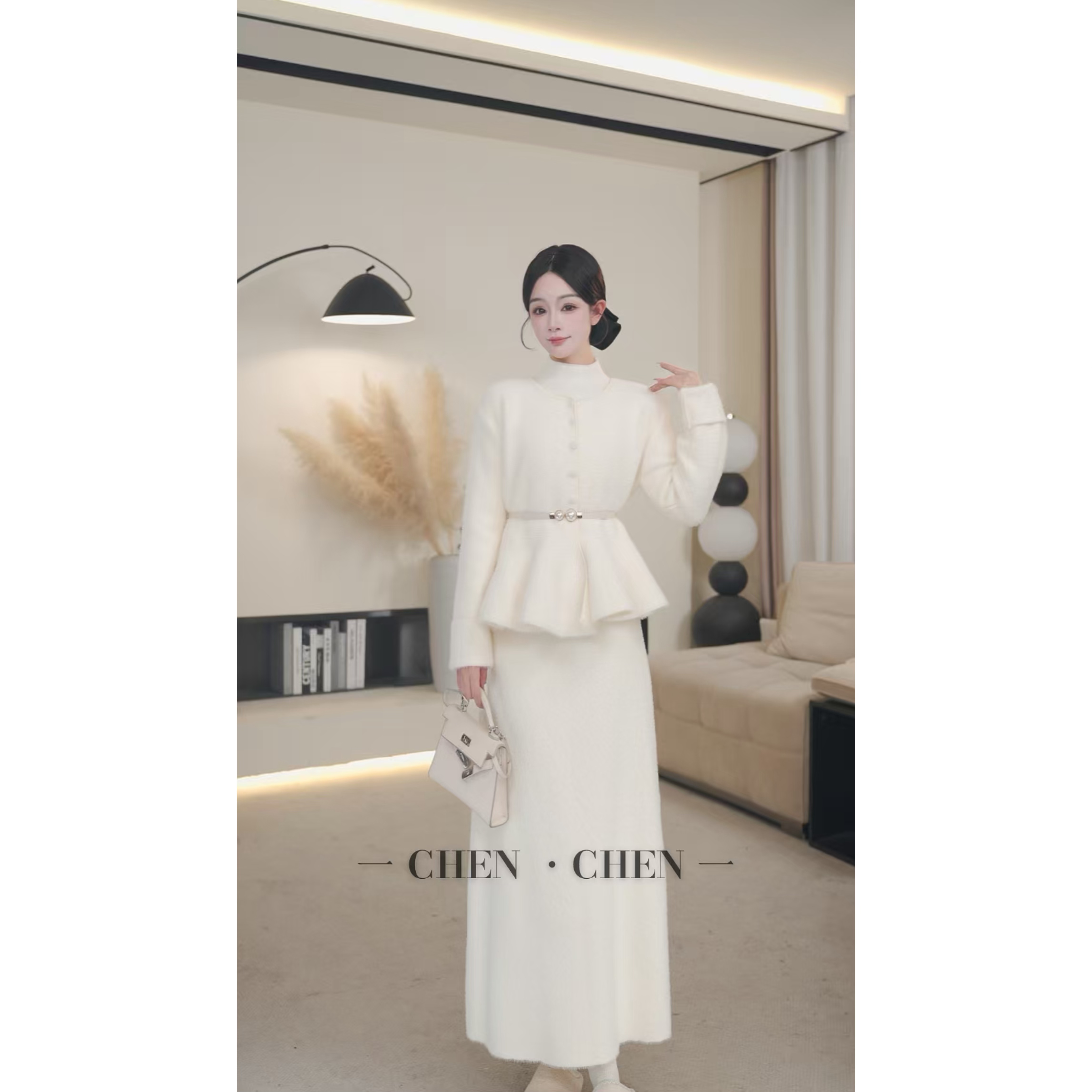 千金感小香风针织套装裙富家千金感上衣+半身长裙+腰带三件套装