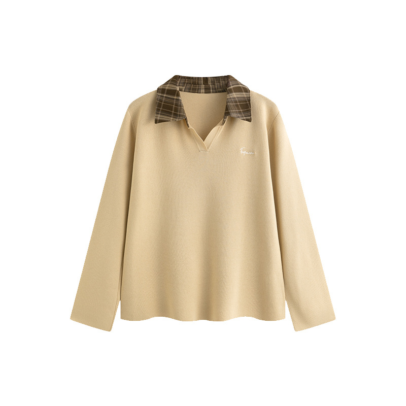 大码女装撞色格子polo领上衣2025秋款胖mm休闲学院风针织衫23305
