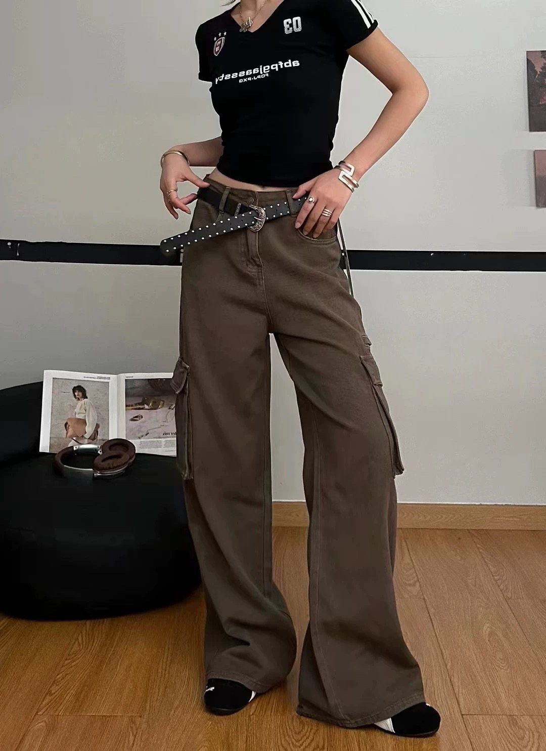 重工新款潮牌美式牛仔工装裤女设计感小众高腰显瘦垂感阔腿拖地裤