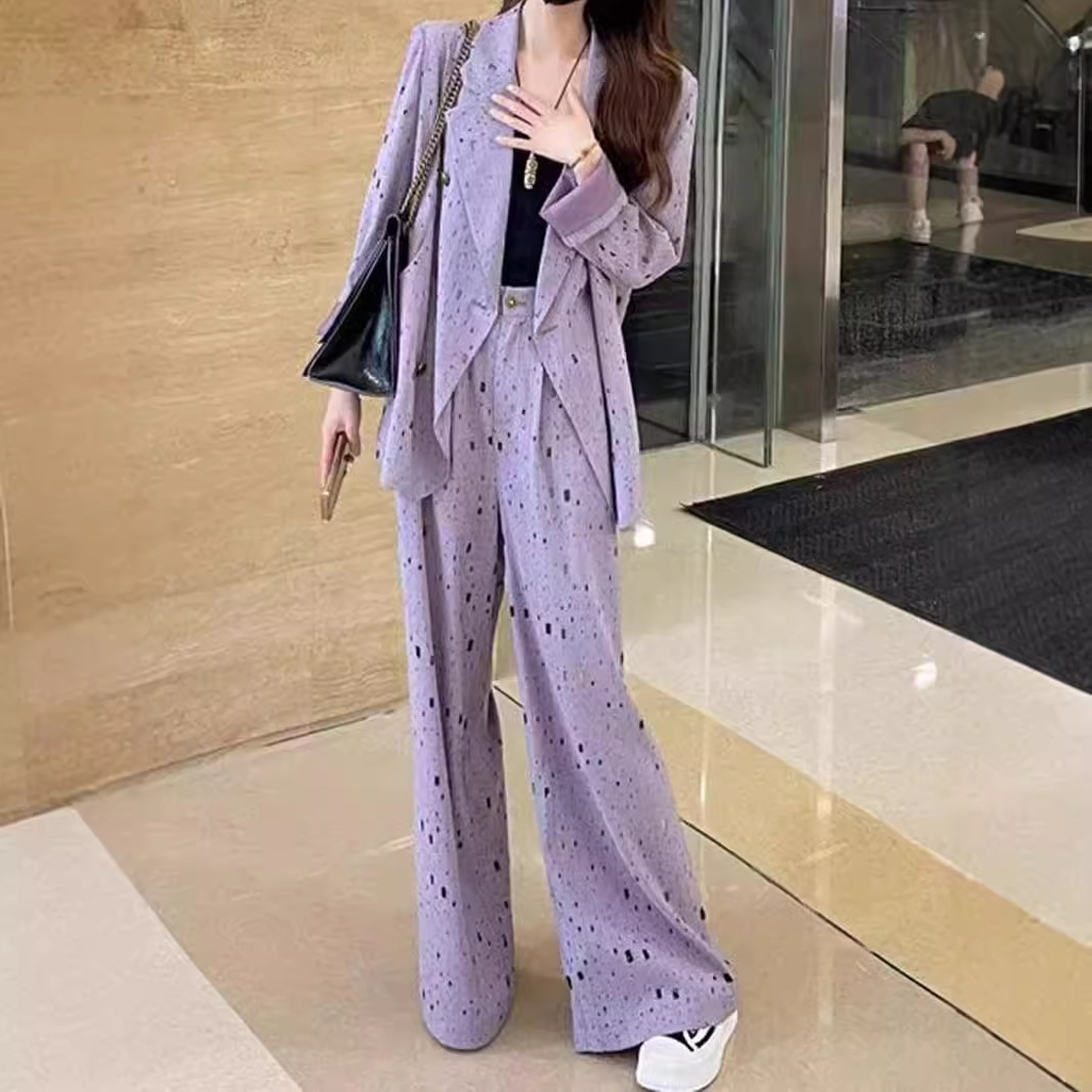 doumpp小个子时尚西装套装女长袖印花外套秋装气质西服显高阔腿裤