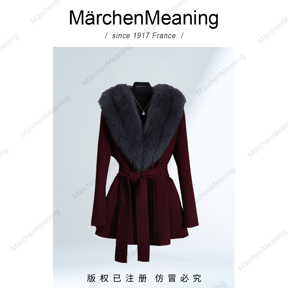 MärchenMeaning安哥拉红羊毛大衣狐狸毛领高级定制设计师款外套wy