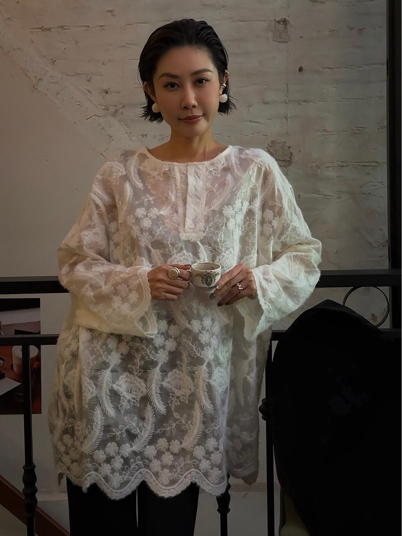 WUWU STUDIO【雾花】法式温婉朦胧感微透蕾丝刺绣衬衫3554
