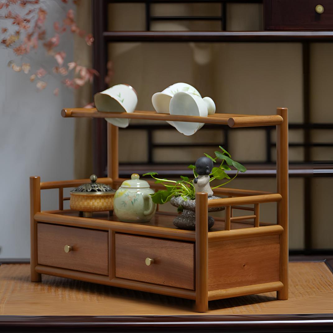 ［知音］桌面双层中抽带沥水精品竹制茶杯茶壶收纳展示架高山楠竹
