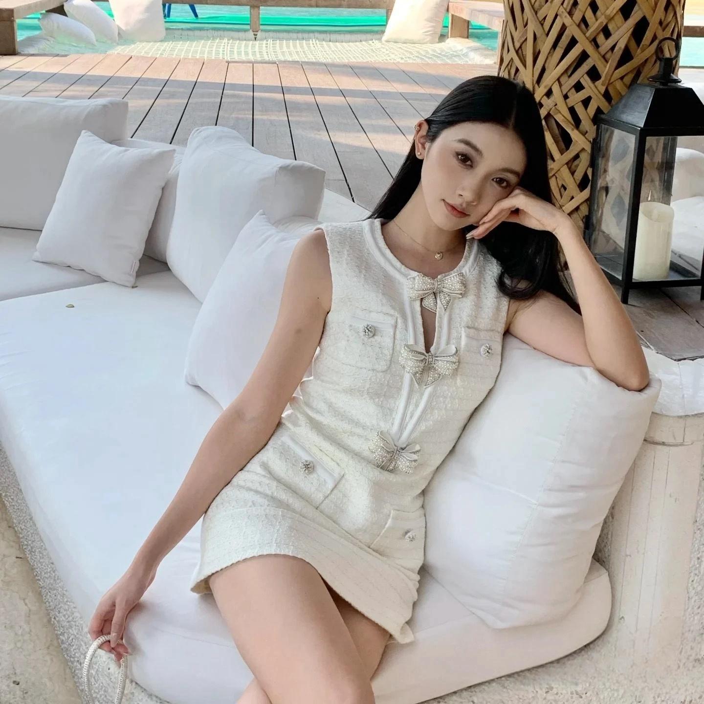 LIULIU 赵丽颖同款小香风珍珠蝴蝶结白色背心连衣裙2025春夏新款