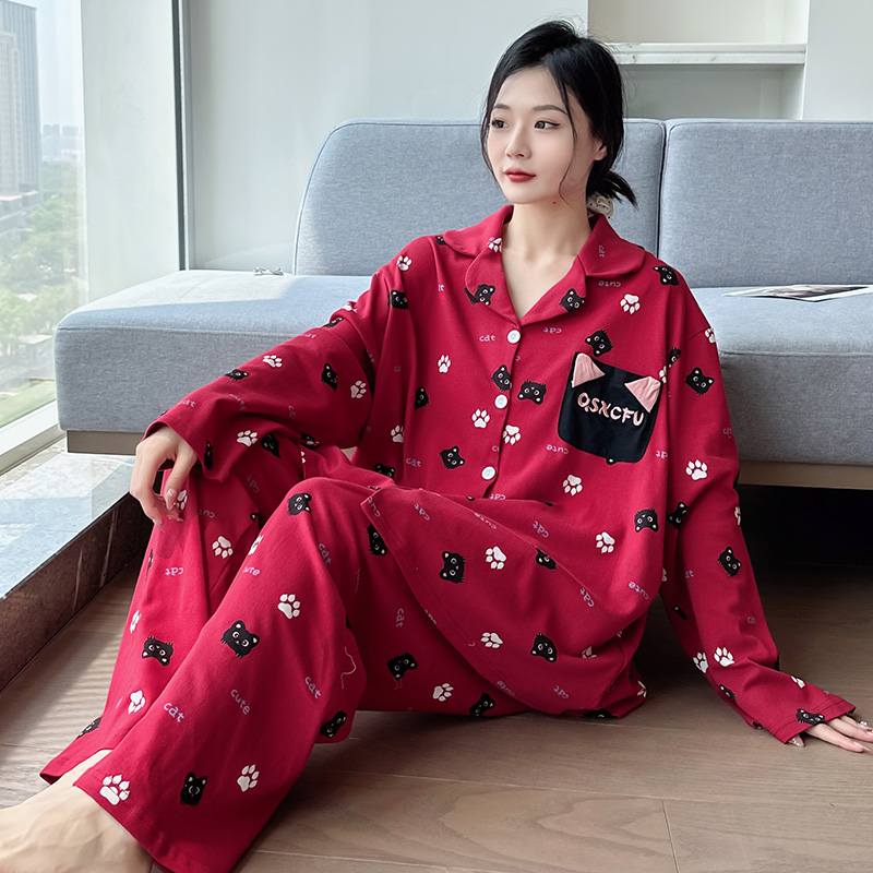 睡衣女100%全棉宽松大码女士胖mm200斤春夏长袖长裤家居服月子服