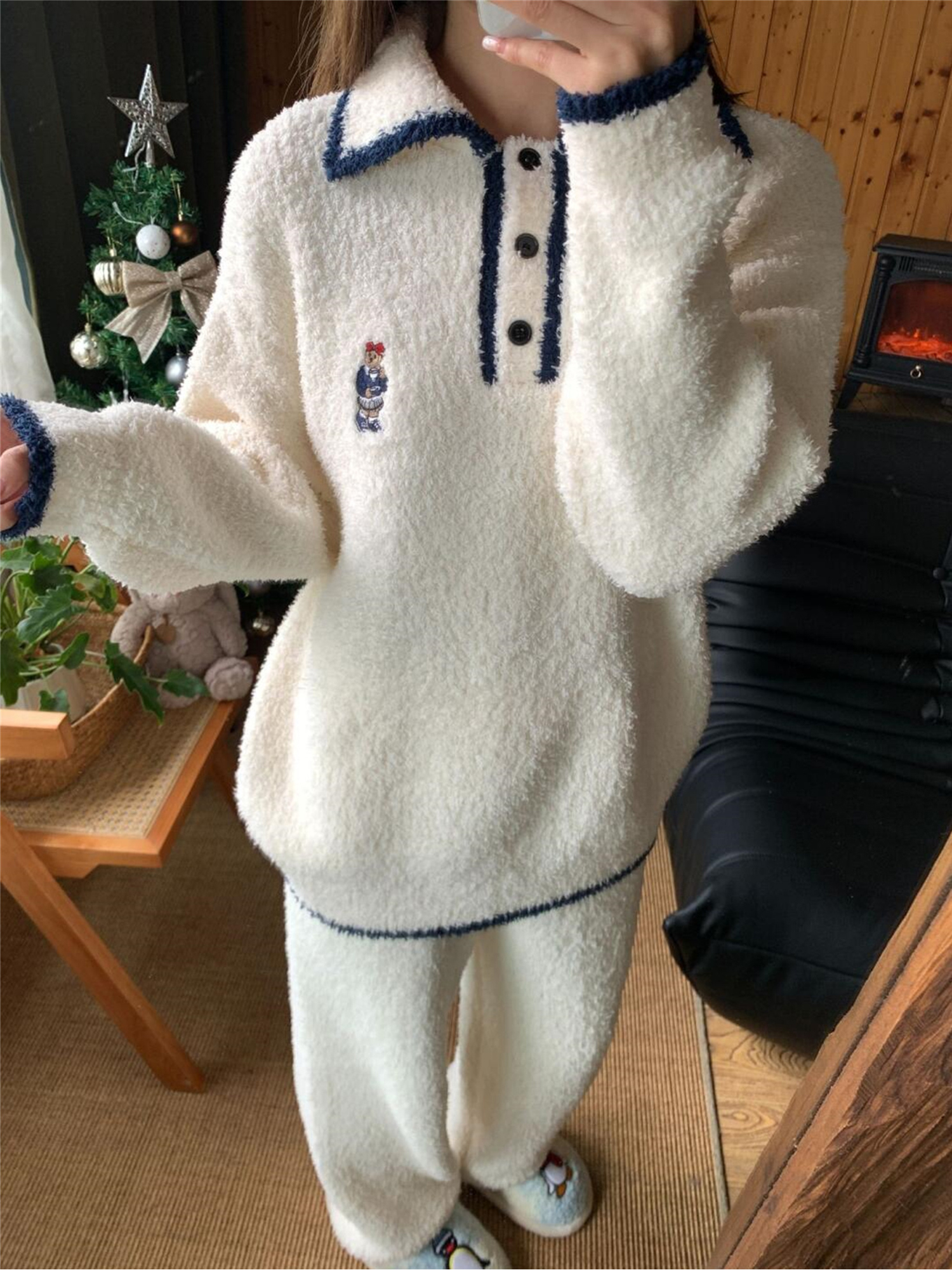 韩版软糯针织可爱小熊半边绒睡衣女秋冬加厚保暖家居服套装