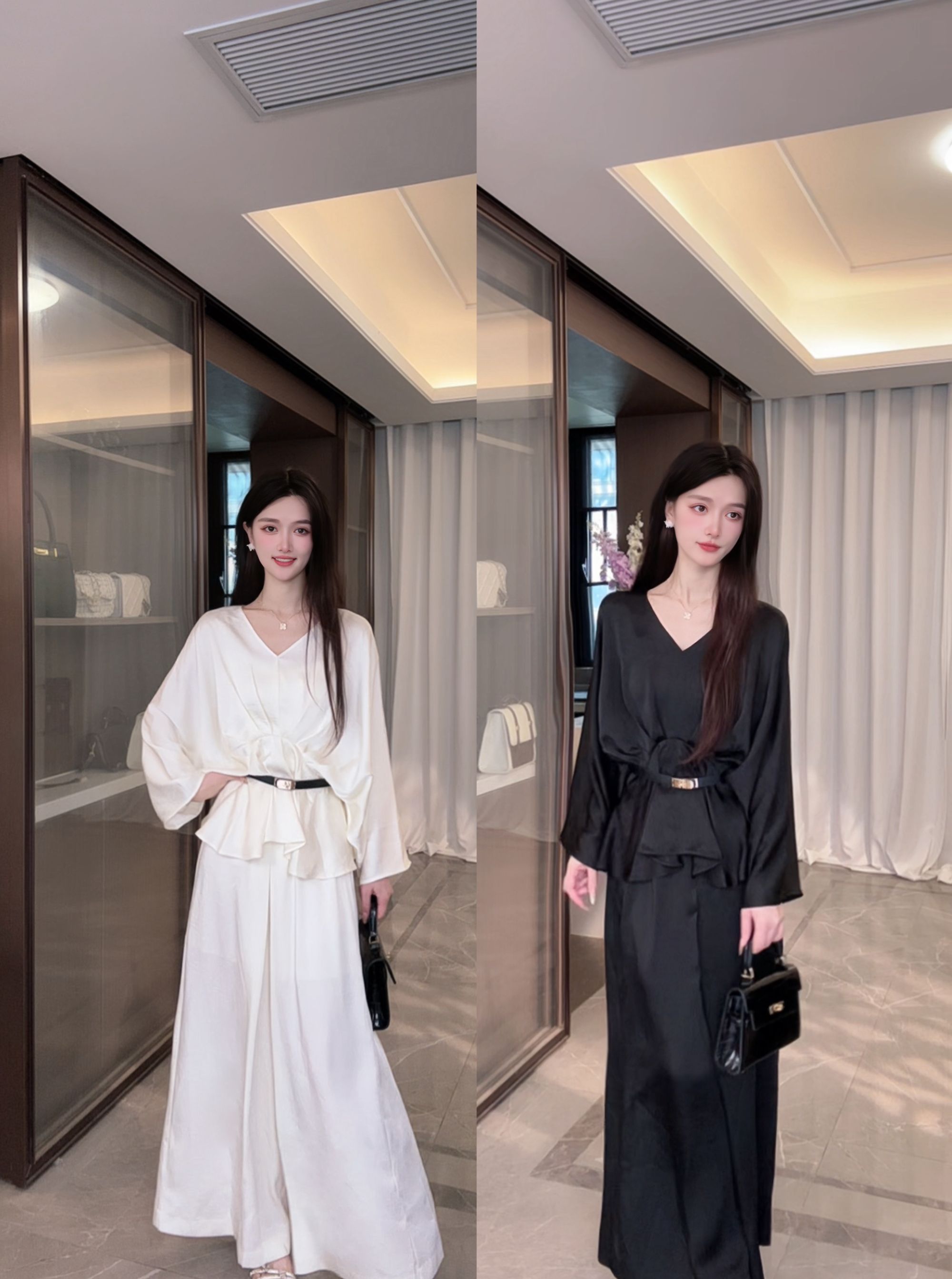 法式气质轻奢套装女高级感v领抽褶收腰上衣坠垂感阔腿裤两件套