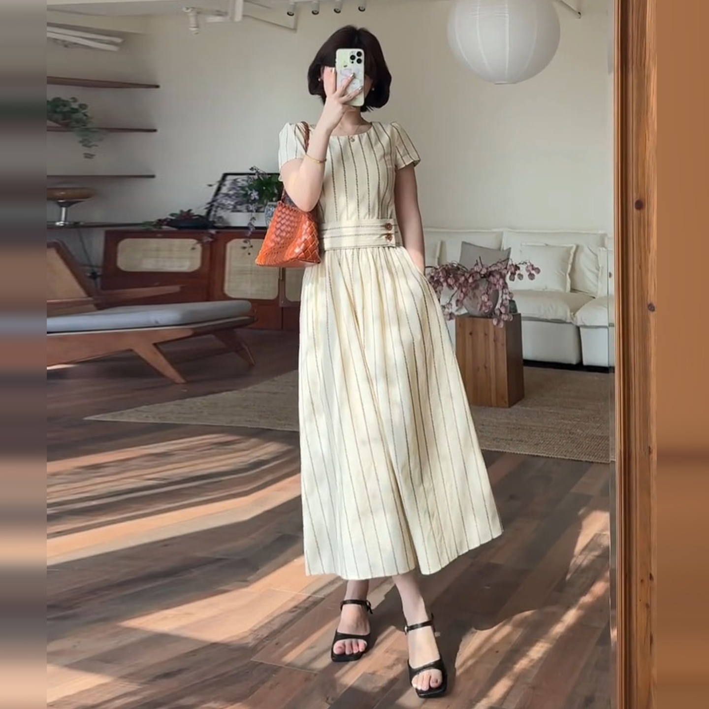 韩系高级感收腰条纹短袖连衣裙女夏季2025新款小个子简约通勤长裙