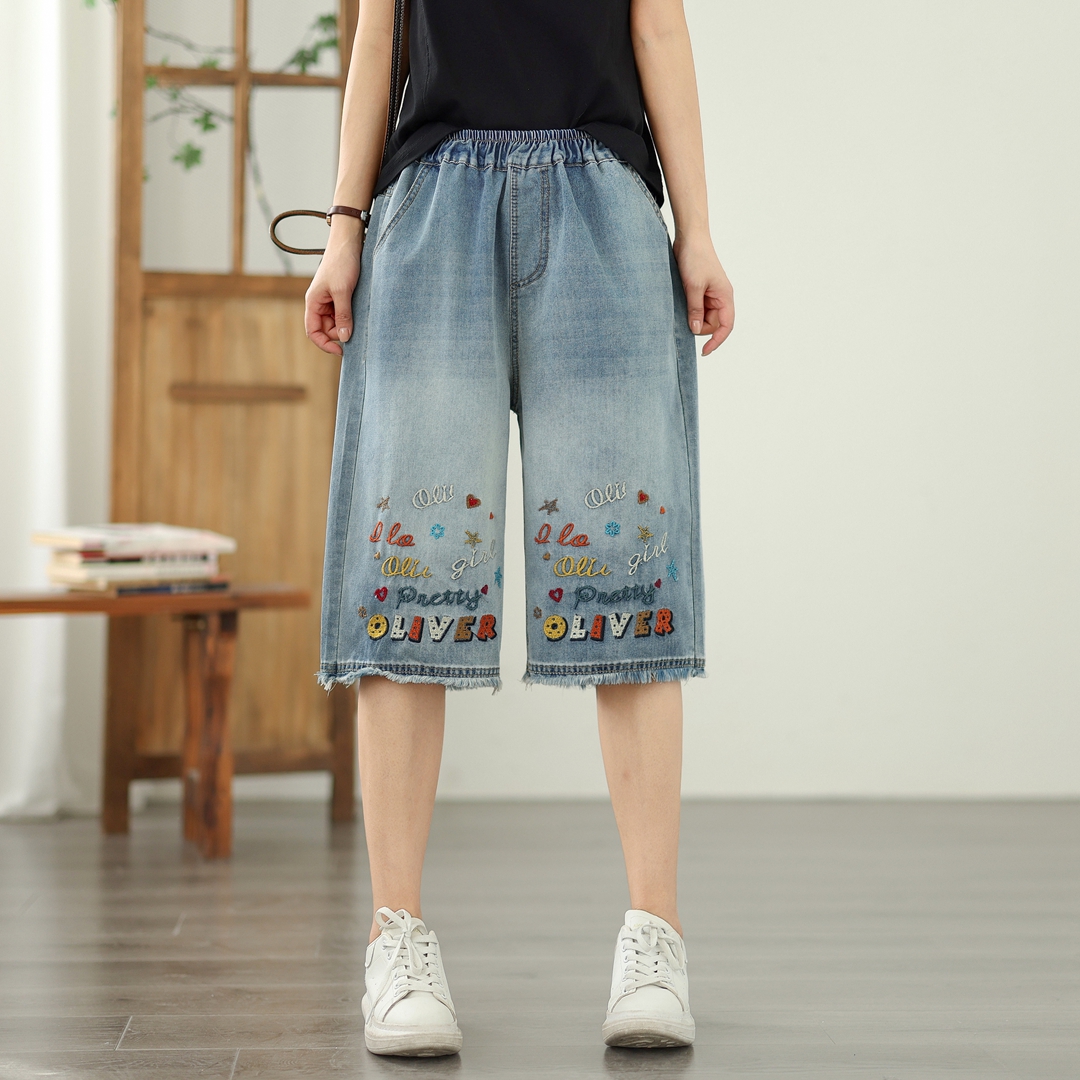 夏季新款OLIVER刺绣牛仔短裤女大码百搭薄款松紧腰阔腿六分裤