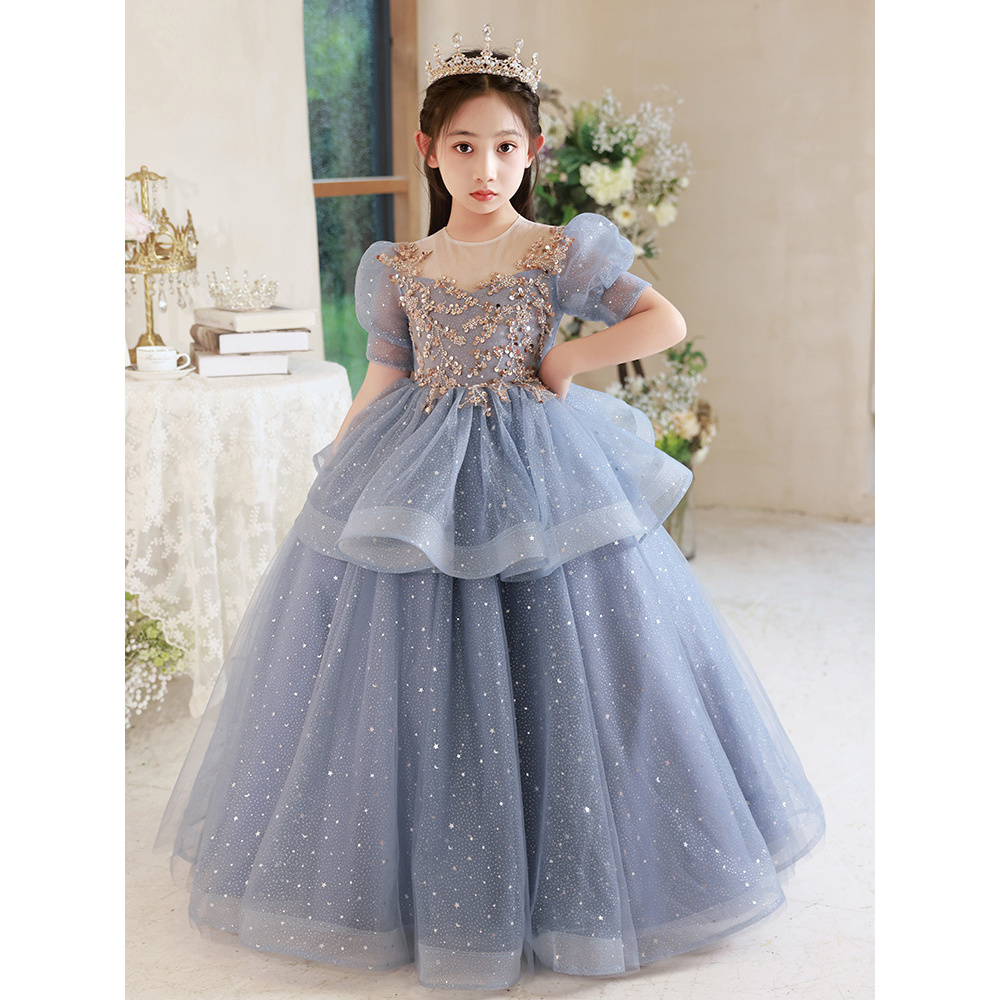 戴维贝拉【KIDS】2025高端女童表演服蓝色亮片蓬蓬裙主持人走秀时尚