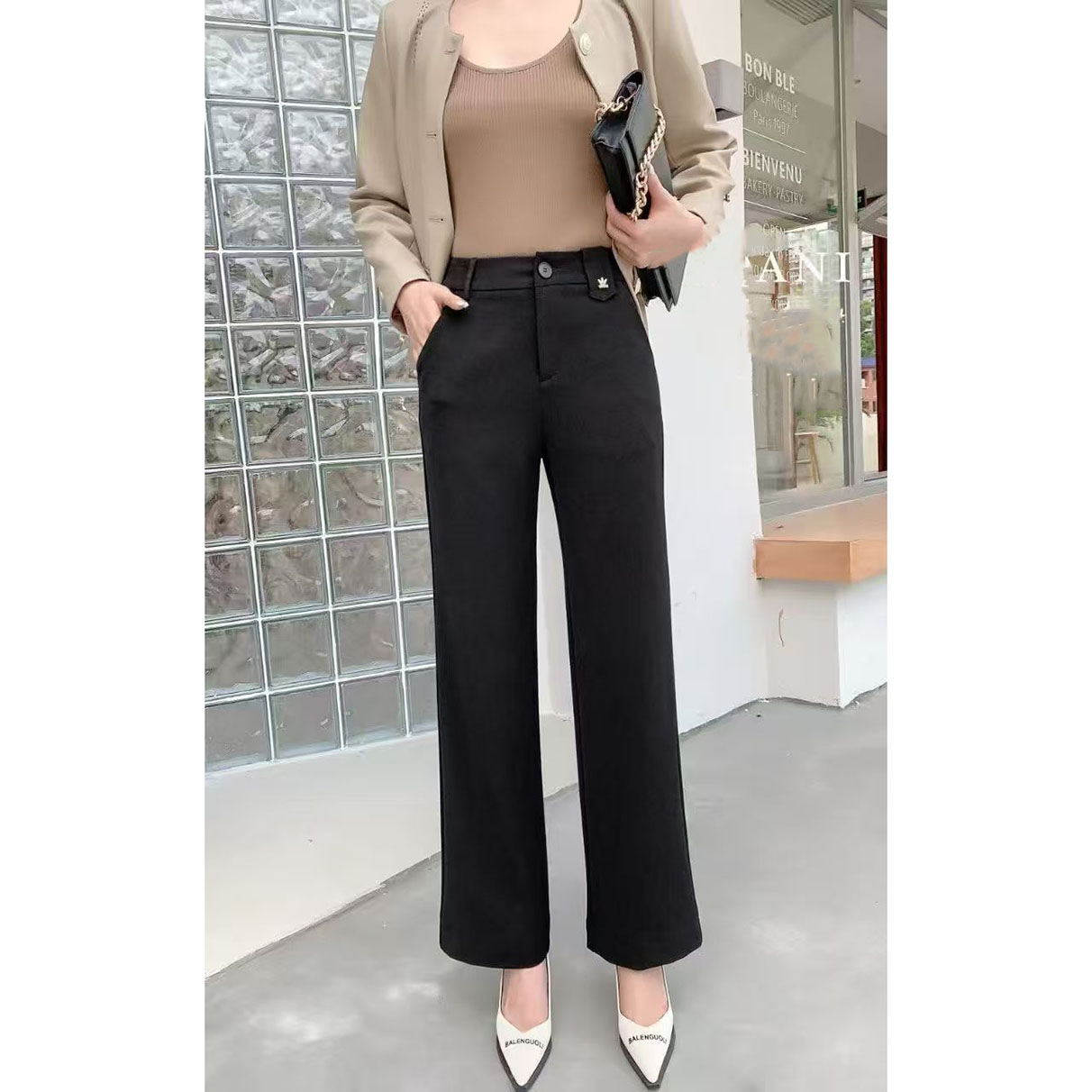 直筒裤女春秋2025新款韩版黑色阔腿裤高腰显瘦百搭垂感微喇西装裤