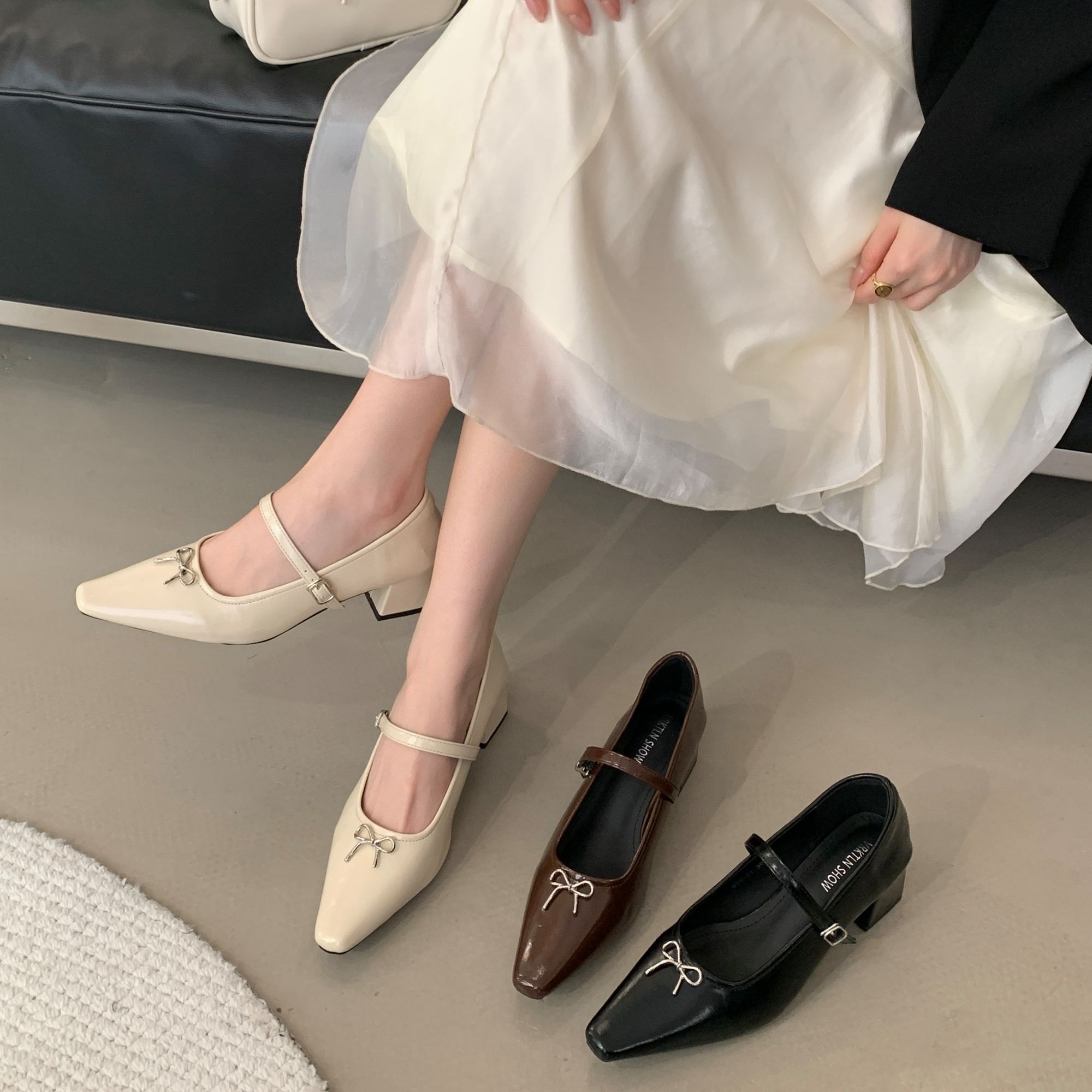 四季款法式气质仙女风时尚百搭蝴蝶结粗跟高跟鞋单鞋999-21